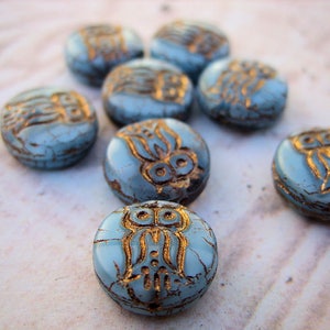 Little Owls Czech Glass Beads, Light Blue and Gold Set of 8 image 3