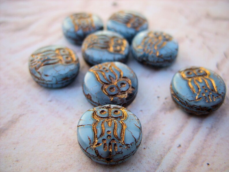 Little Owls Czech Glass Beads, Light Blue and Gold Set of 8 image 3