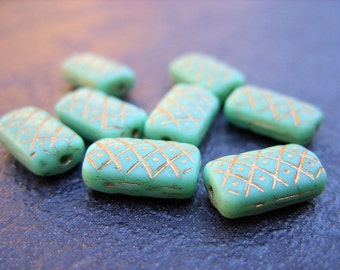 Green Czech Glass Rectangle Beads with Gold Basketweave Design - B-8006