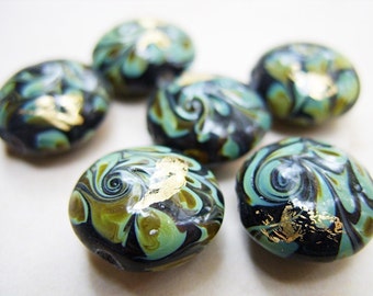 Lampwork Beads - Black with Swirls of Greens and Gold - B-6048
