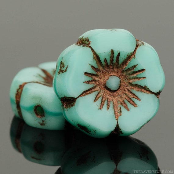 Emerald Green Silk Picasso Czech Glass Flower Beads 12mm 12 beads