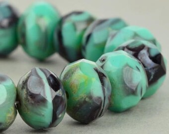 Turquoise, Black and Gray Czech Rondelle Beads - Quantity 10 - 9x6MM