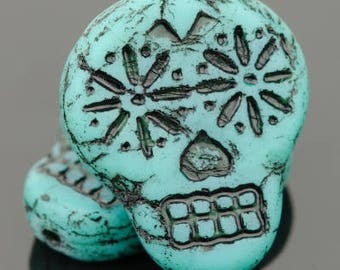 Czech Glass Sugar Skull Beads - Matte Turquoise with Black - Quantity 4