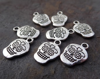 Pewter Sugar Skull Charm - 14MMx12MM - Two-Sided Design - Set of 8