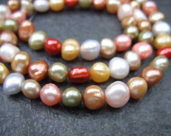 Multi-Colored Freashwater Pearls-One Strand-Pink, Yellow, Copper, Sage Green