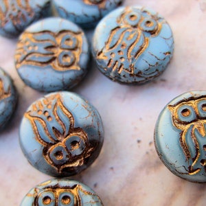 Little Owls Czech Glass Beads, Light Blue and Gold Set of 8 image 1