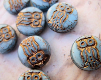 Little Owls Czech Glass Beads, Light Blue and Gold - Set of 8