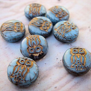 Little Owls Czech Glass Beads, Light Blue and Gold Set of 8 image 2
