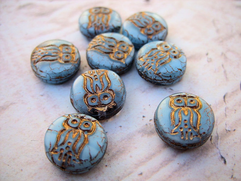 Little Owls Czech Glass Beads, Light Blue and Gold Set of 8 image 2