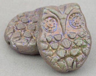 Sage Green and Purple Horned Owl Czech Glass Beads - Set of 4