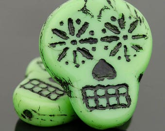 Apple Green Sugar Skull Czech Glass Beads - Set of 4