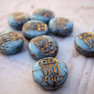 Little Owls Czech Glass Beads, Light Blue and Gold Set of 8 image 4