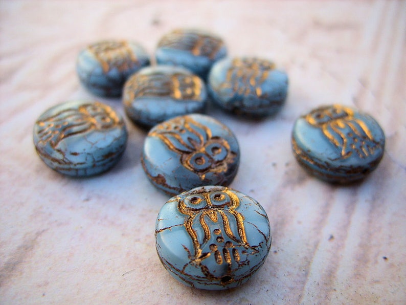 Little Owls Czech Glass Beads, Light Blue and Gold Set of 8 image 4