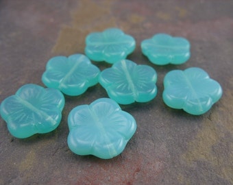 Aqua Teal Czech Glass Flower Beads - Quantity 7