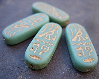 Green and Gold Czech Glass Beads with Egyptian Hieroglyphics Design - B-6631