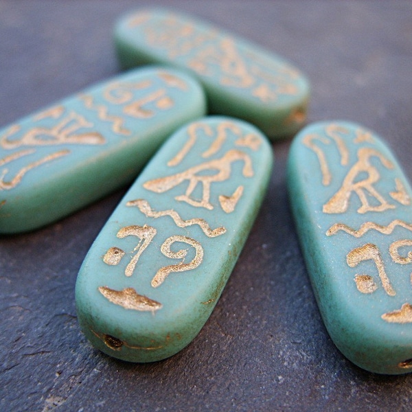 Green and Gold Czech Glass Beads with Egyptian Hieroglyphics Design - B-6631