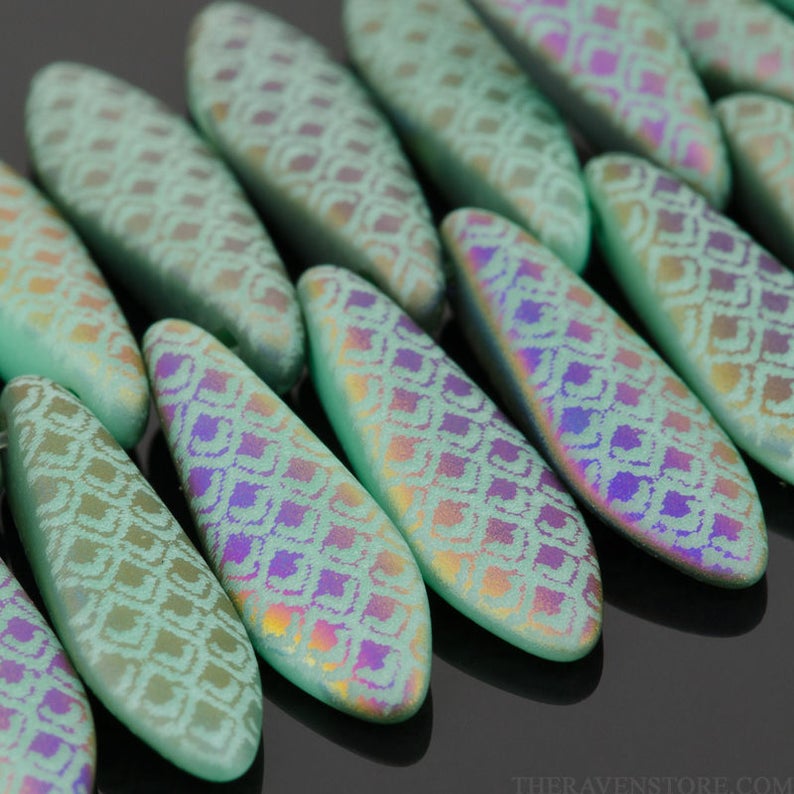 Dagger Beads-Turquoise Matte with Dragon Scale Rainbow Finish Quantity 16 image 1