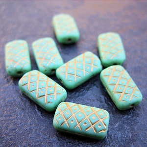 Green Czech Glass Rectangle Beads with Gold Basketweave Design B-8006 image 2