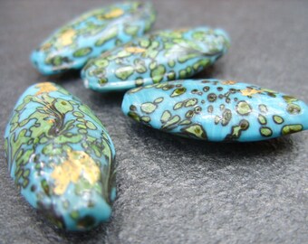 Lampwork Beads-Blue with Green, Black and Gold Design
