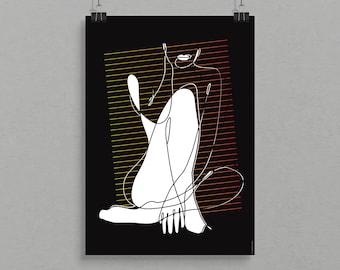 Sztuka inspirowana stylem noir, ilustracja, grafika liniowa, kobieta, sztuka ścienna, unikalny wydruk