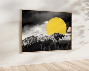 Góry w czerni i bieli, sztuka surrealistyczna, sztuka do druku, wydruk cyfrowy, żółty, wydruk do pobrania, wydruk duży, krajobraz