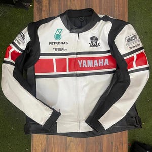 New Yamaha White BLACK MOTORBIKE/Motorcycle Racing Biker cowhide Jacket