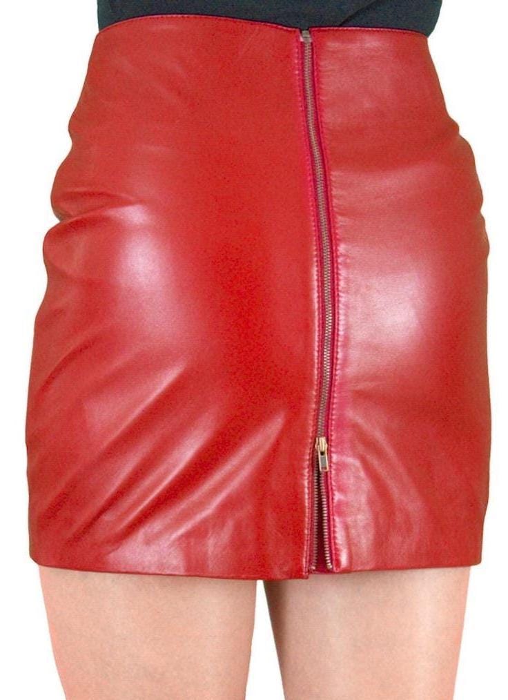 Red Genuine Leather Mini Skirt A-line Style