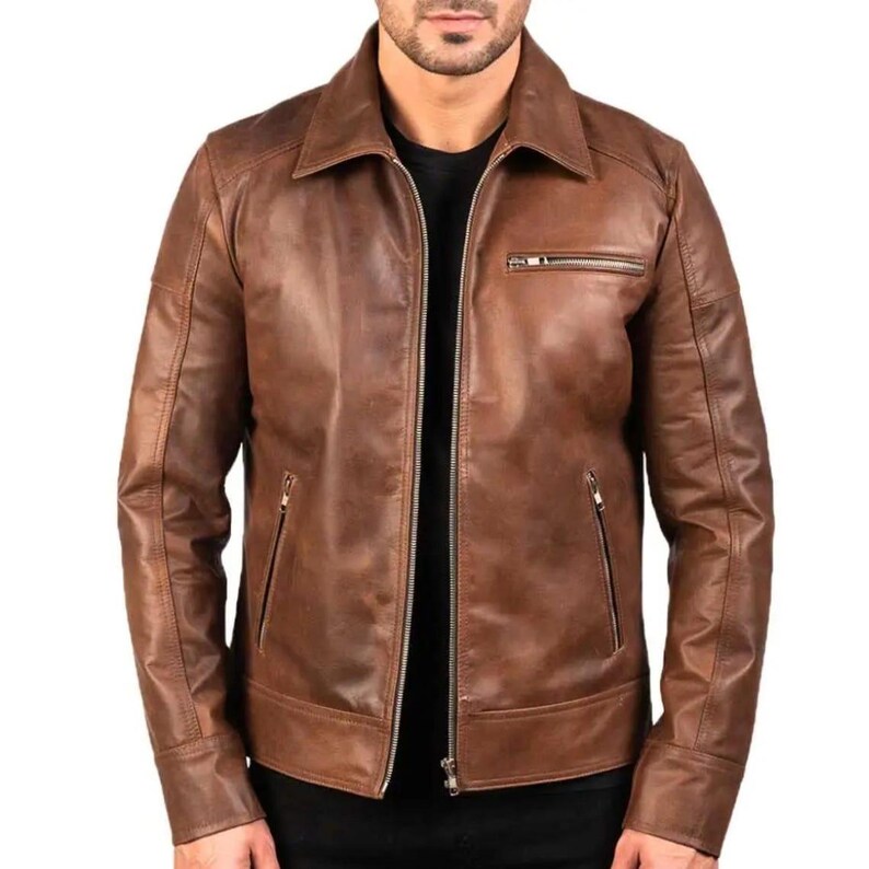 Mens Tan Soft Real Leather Smart Vintage Bomber Biker Jacket main image 1