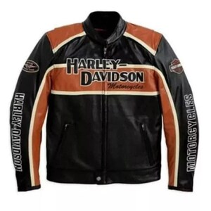 Blouson Harley Davidson Moto Gear Blouson en cuir de vache noir et orange pour homme