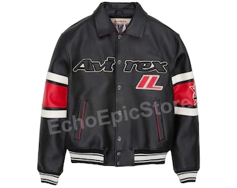 Avirex chicago usa Genuine Leather Jacket Men’s Red Bomber Classic Fit Black