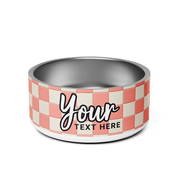 Customize with your dogs, name, pink, pastel, retro style, checkerboard, food, and water and for cat and dog Pet bowl