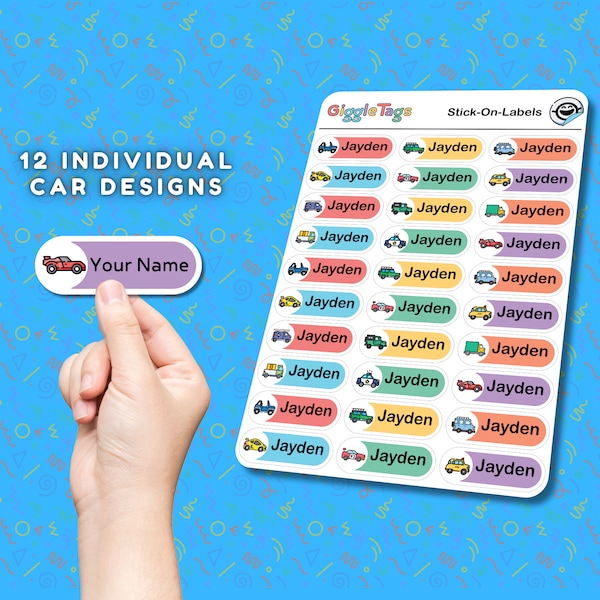 Namensaufkleber für Kinder - 120 personalisierte Etiketten für Kita-spülmaschinenfeste Etiketten  für Schule und Kindergarten - Auto Design