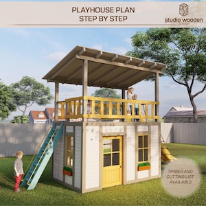 Projeto de casa de brinquedo infantil com escorregador e parede de escalada, Projeto de casa de jardim arquitetônica de madeira, Construa você mesmo com downloads digitais.