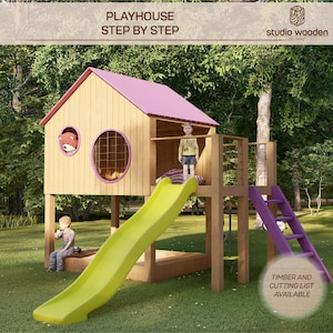 Plan domku dla dzieci zjeżdżalnia piaskownica Plany domku dla dzieci Architektura Drewniany domek ogrodowy Plan zrób to sam z cyfrowymi plikami do pobrania