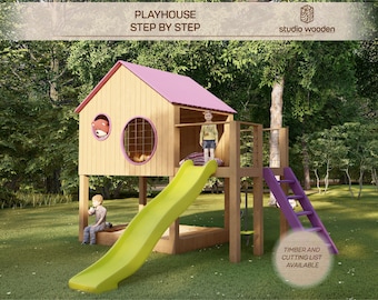 Planos de casitas de juegos con tobogán y arenero. Planos de casitas de juegos para niños. Arquitectura de casas de jardín de madera. Hágalo usted mismo con los archivos digitales descargables.