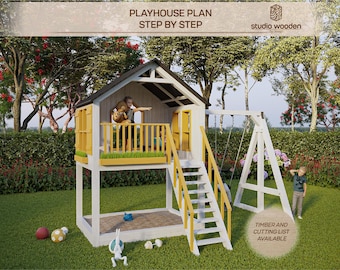 Plano de casa de juegos columpio. Planos de casas de juegos para niños, Arquitectura Plano de casa de jardín de madera, hazlo tú mismo con los archivos de descarga digital