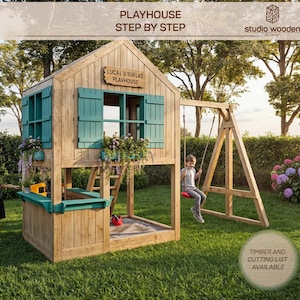 Playhouse Plan schommelset. Speelhuisplannen voor kinderen, Architectuur Houten tuinhuisplan, doe het zelf met de digitale downloadbestanden