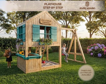 Planos de casitas de juegos con columpios. Planos de casitas de juegos para niños, arquitectura, planos de casitas de jardín de madera, hágalo usted mismo con los archivos digitales descargables.