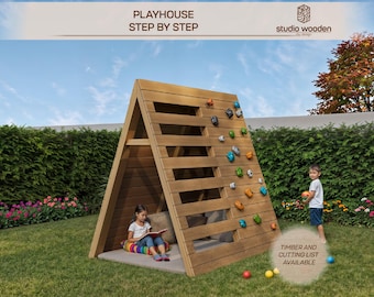 DIY Wooden Playhouse Plans | Kids Outdoor Climbing Wall & Montessori Play Tent | Backyard Playground Design | Digital PDF Build Guide