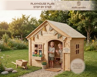Houten speelhuisplannen voor kinderen, handleiding voor doe-het-zelf buitenspeelhuisjes (pdf-ontwerp)