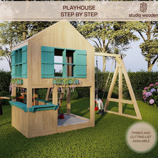 Playhouse Plan Schaukelset. Spielhauspläne für Kinder, Architektur-Gartenhausplan aus Holz, machen Sie es selbst mit den digitalen Download-Dateien