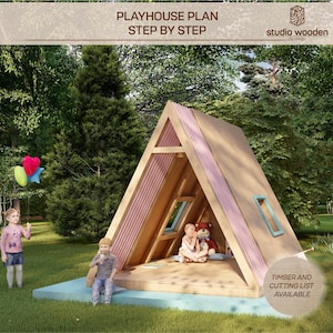 PLAN TRÓJKĄTNEGO DOMU ZABAWY. Plany domków dla dzieci, architektura Drewniany plan domku ogrodowego, zrób to sam z plikami do pobrania w wersji cyfrowej.