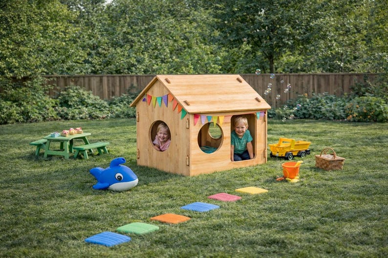 May include: A wooden playhouse with two children inside, decorated with colorful flags. A blue whale-shaped toy, a green picnic table, and a yellow dump truck are on the grass. Stepping stones lead to the playhouse.