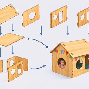 May include: A wooden playhouse with a gabled roof and round and rectangular windows. The image shows the house's components and assembly process. A child is visible inside the house. The house is decorated with colorful flags.