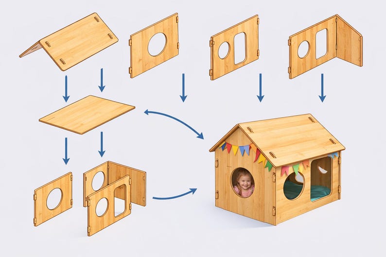 May include: A wooden playhouse with a gabled roof and round and rectangular windows. The image shows the house's components and assembly process. A child is visible inside the house. The house is decorated with colorful flags.