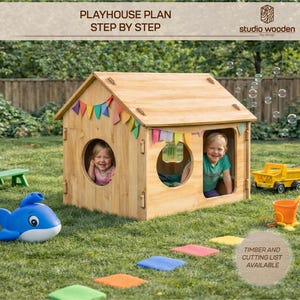 May include: A wooden playhouse with two round windows and a pitched roof, decorated with colorful bunting. Two children are visible inside. The scene includes a green picnic table, a blue whale toy, and a yellow toy truck, all set on a grassy lawn.