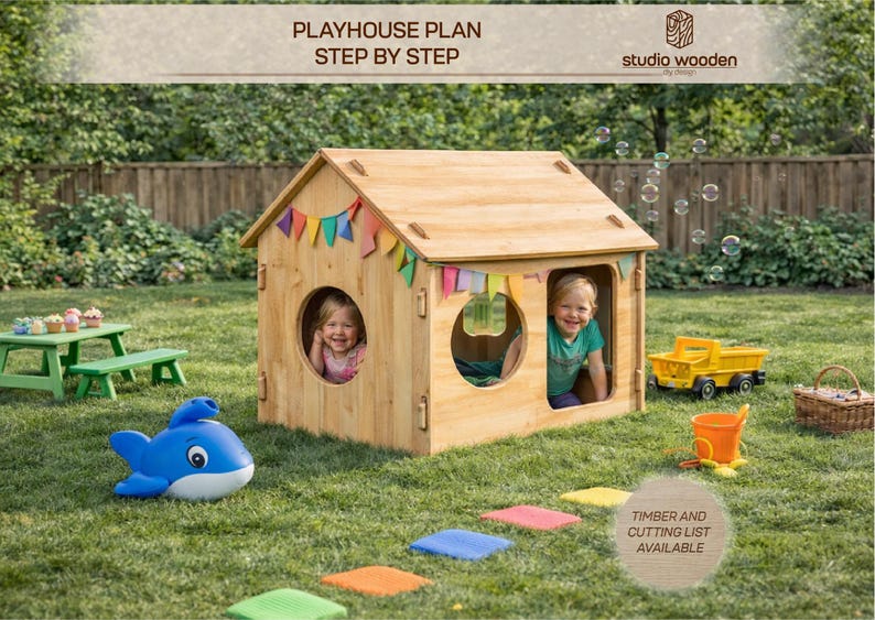 May include: A wooden playhouse with two round windows and a pitched roof, decorated with colorful bunting. Two children are visible inside. The scene includes a green picnic table, a blue whale toy, and a yellow toy truck, all set on a grassy lawn.