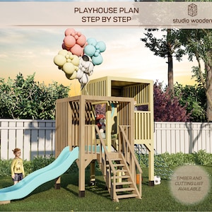 Modern playhouse with child slide and climbing ramp Playhouse Plans for Kids Architectural Wooden yard house Plan DIY with digital downloads