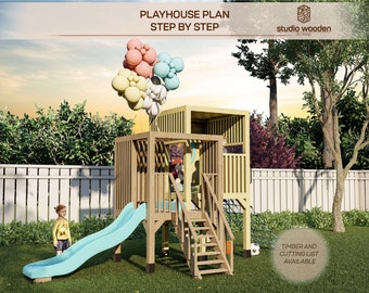 Modern playhouse with child slide and climbing ramp Playhouse Plans for Kids Architectural Wooden yard house Plan DIY with digital downloads