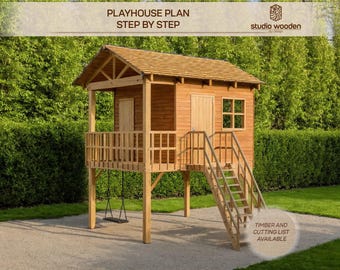 Plano de casa de juegos columpio. Planos de casas de juegos para niños, Arquitectura Plano de casa de jardín de madera, hazlo tú mismo con los archivos de descarga digital.